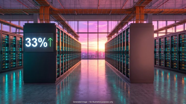 Data centre server aisle at sunrise with a 33% display, illustrating big tech earnings and AI spending