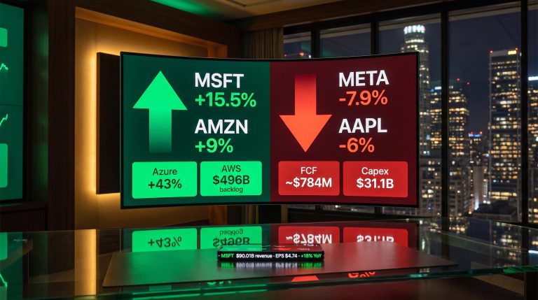 Big tech earnings split: MSFT 15.5% and AMZN 9% surge while META -7.9% and AAPL -6% fall on 30 July 2026