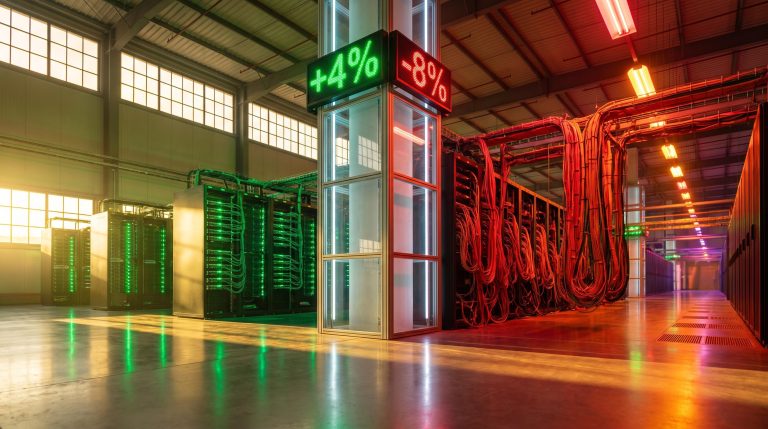 Data centre split in green and red light with +4% and -8% ticker, capturing Big Tech earnings divergence