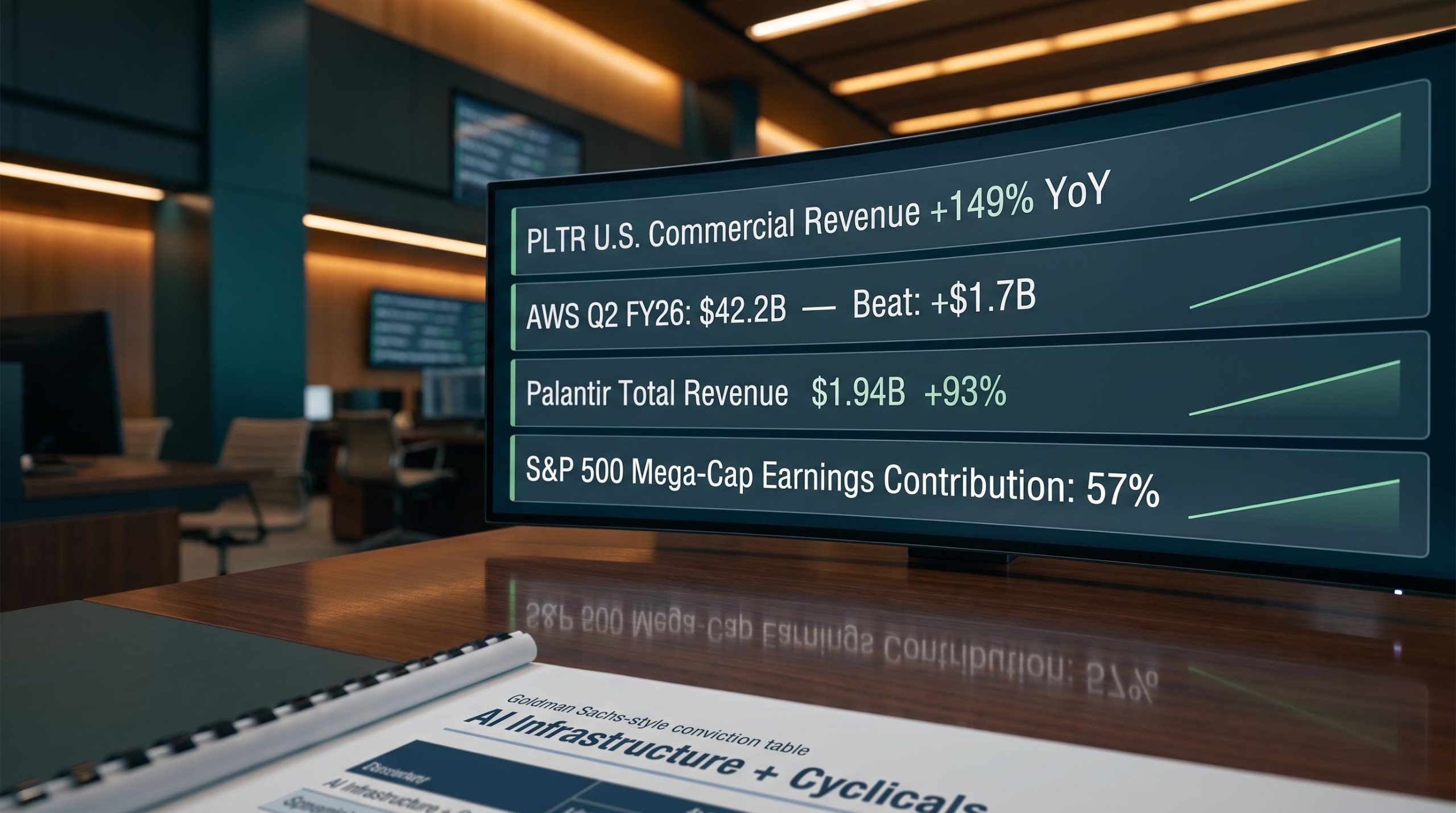 Big Tech earnings dashboard showing Palantir 149% revenue surge and AWS $42.2B beat on trading terminal