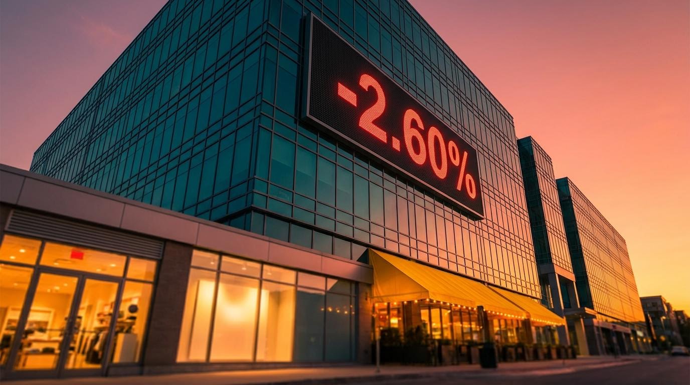 Data-centre facade with red -2.60% ticker at sunset as the Big Tech selloff hits Nasdaq while retail shops glow in foreground