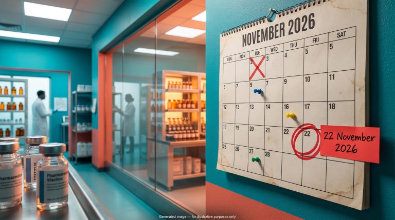Biotech catalyst calendar with 22 November 2026 circled in red after an FDA decision date was pushed back in a lab corridor
