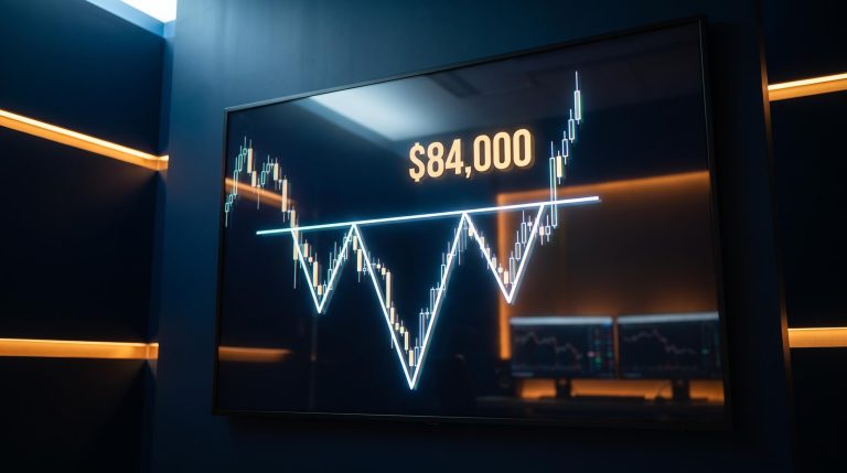 Bitcoin inverted head-and-shoulders chart pattern breakout at $84,000 neckline on analytical trading screen