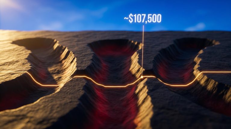Bitcoin inverted head and shoulders pattern carved as physical terrain with ~$107,500 target marker above the neckline