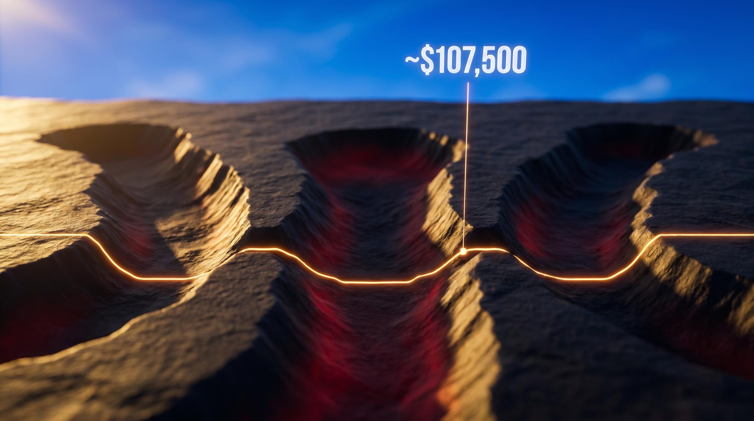 Bitcoin inverted head and shoulders pattern carved as physical terrain with ~$107,500 target marker above the neckline