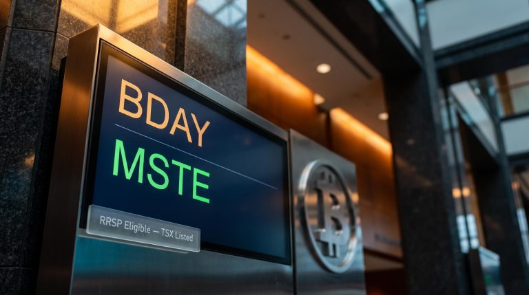 TSX trading terminal displaying BDAY and MSTE tickers inside an RRSP-eligible Bitcoin ETF investment framework