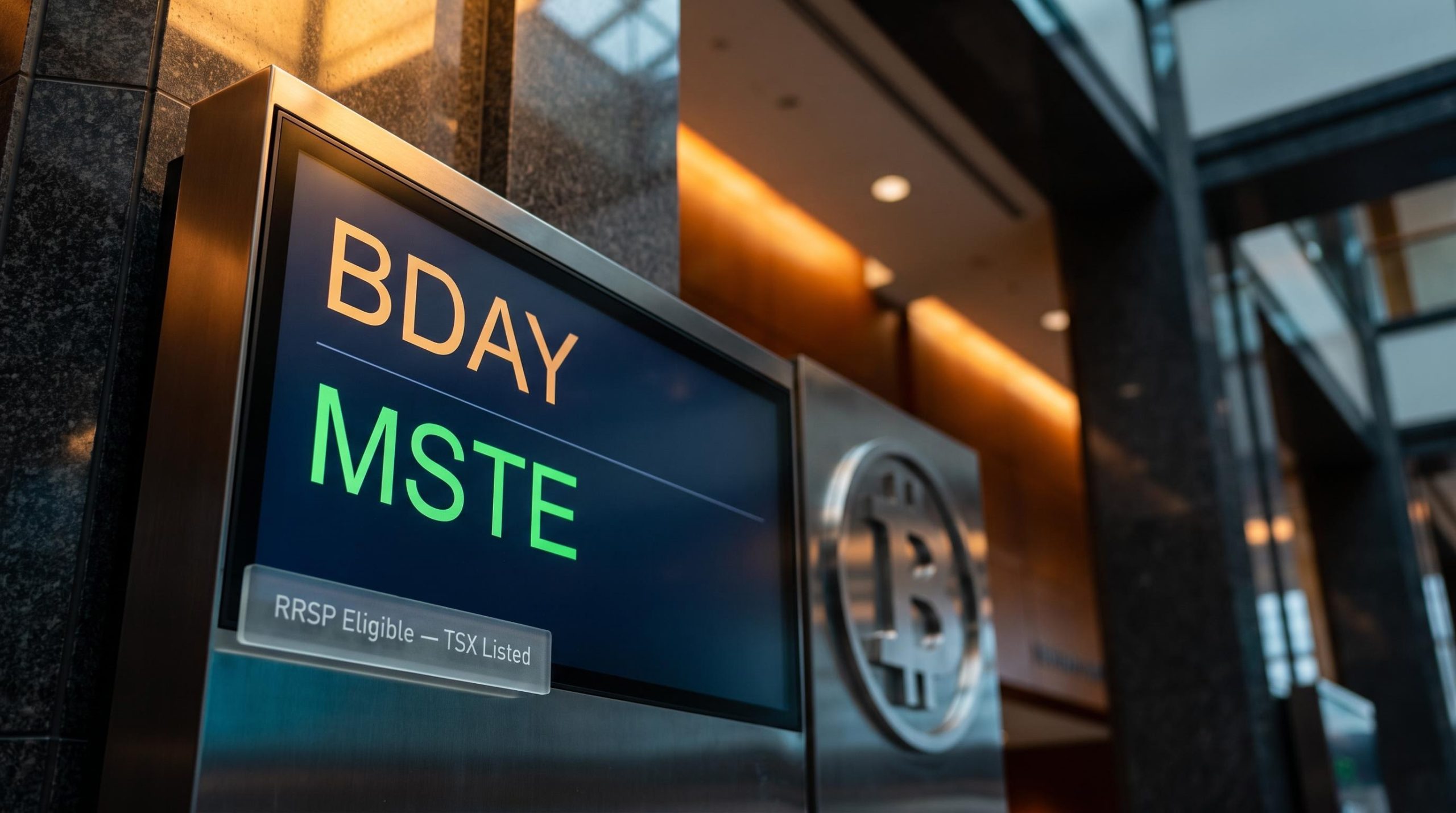 TSX trading terminal displaying BDAY and MSTE tickers inside an RRSP-eligible Bitcoin ETF investment framework
