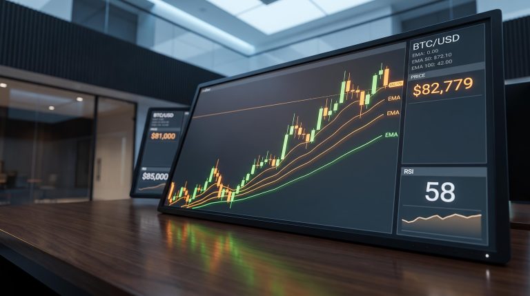 Bitcoin candlestick chart showing stacked EMA structure with RSI at 58 as BTC holds near $82,779 support