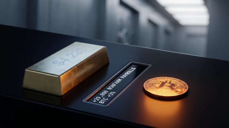 Gold bar flat under cool light beside glowing Bitcoin token as 29,000 payrolls print frames the Bitcoin vs gold hedge debate