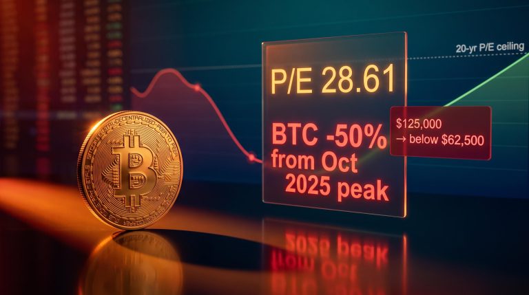 Bitcoin coin beside market screen showing P/E 28.61 and BTC 50% drop from Oct 2025 peak
