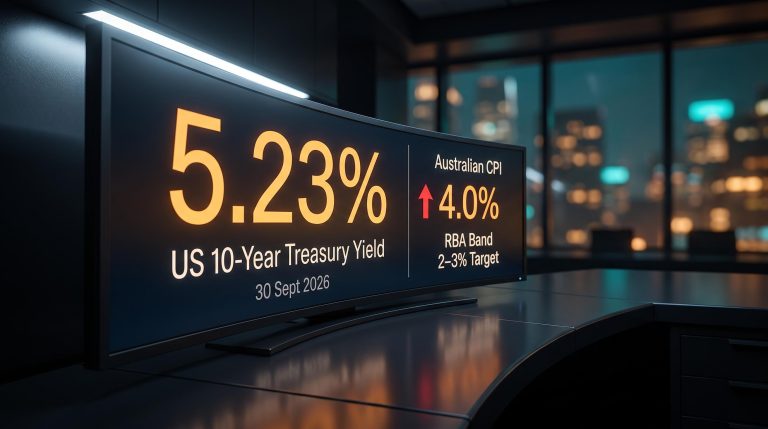 BlackRock Australia 2026 outlook: US 10-year yield at 5.23% and Australian CPI at 4.0% on trading screen