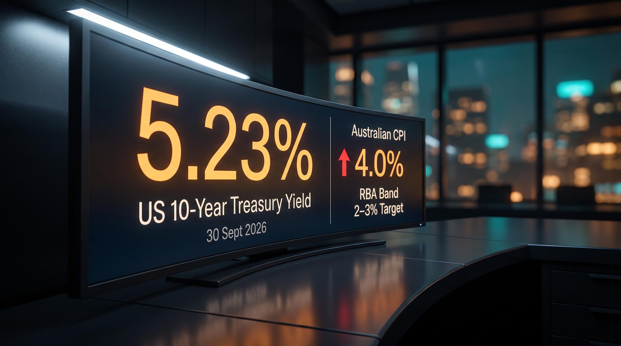 BlackRock Australia 2026 outlook: US 10-year yield at 5.23% and Australian CPI at 4.0% on trading screen