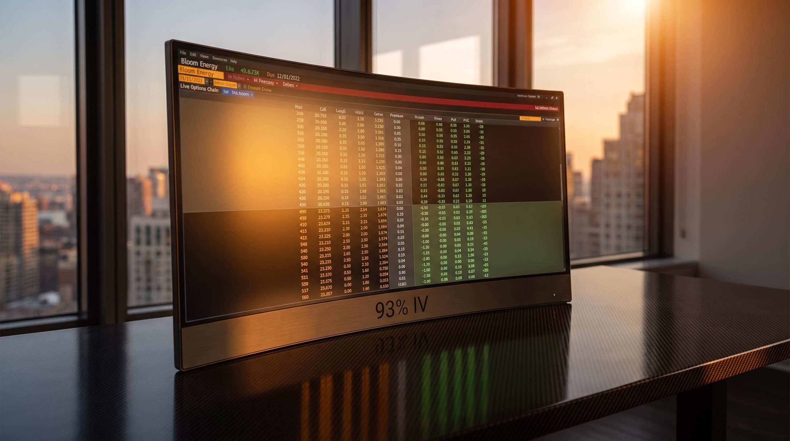 Bloom Energy options chain terminal glowing at 93% implied volatility with upside call premiums visibly dominant