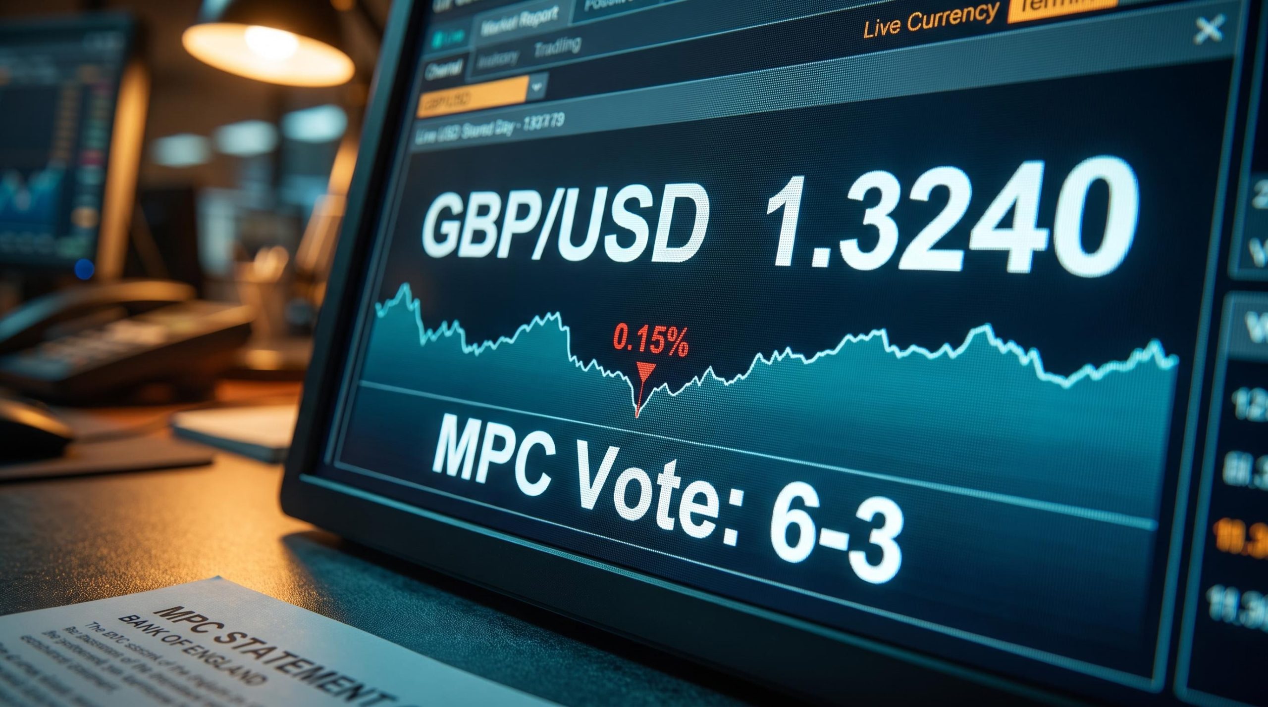 GBP/USD trading terminal showing 1.3240 and MPC 6-3 vote split — monetary policy currency values explainer