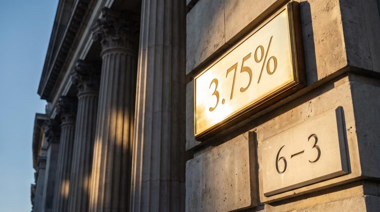 Bank of England stone façade with 3.75% rate and 6-3 vote split rendered in brass — BoE rate decision GBP analysis