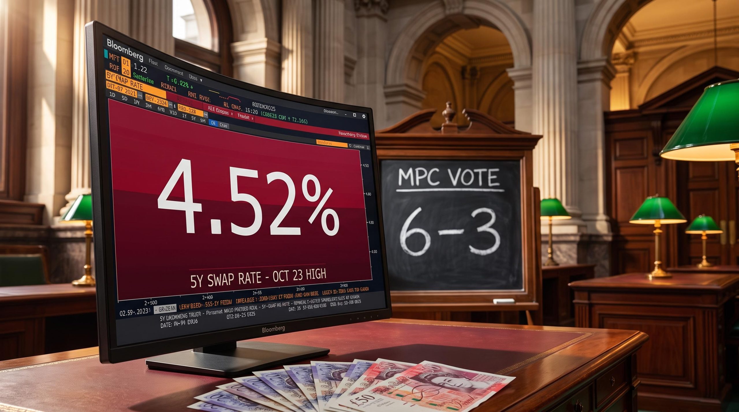 Bank of England terminal showing 4.52% swap rate as MPC hawks push BoE rate hike to 4% in September vote