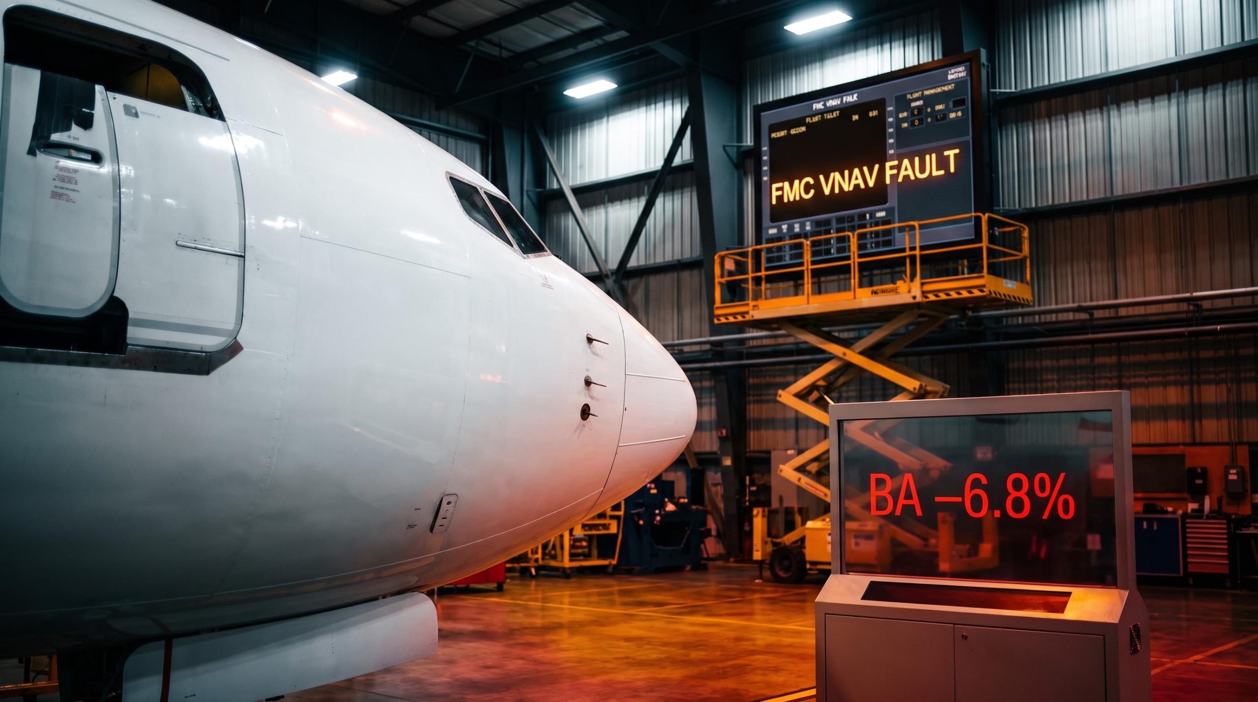 Boeing 737 Max 10 fuselage in production hangar with FAA certification freeze and BA –6.8% session loss displayed