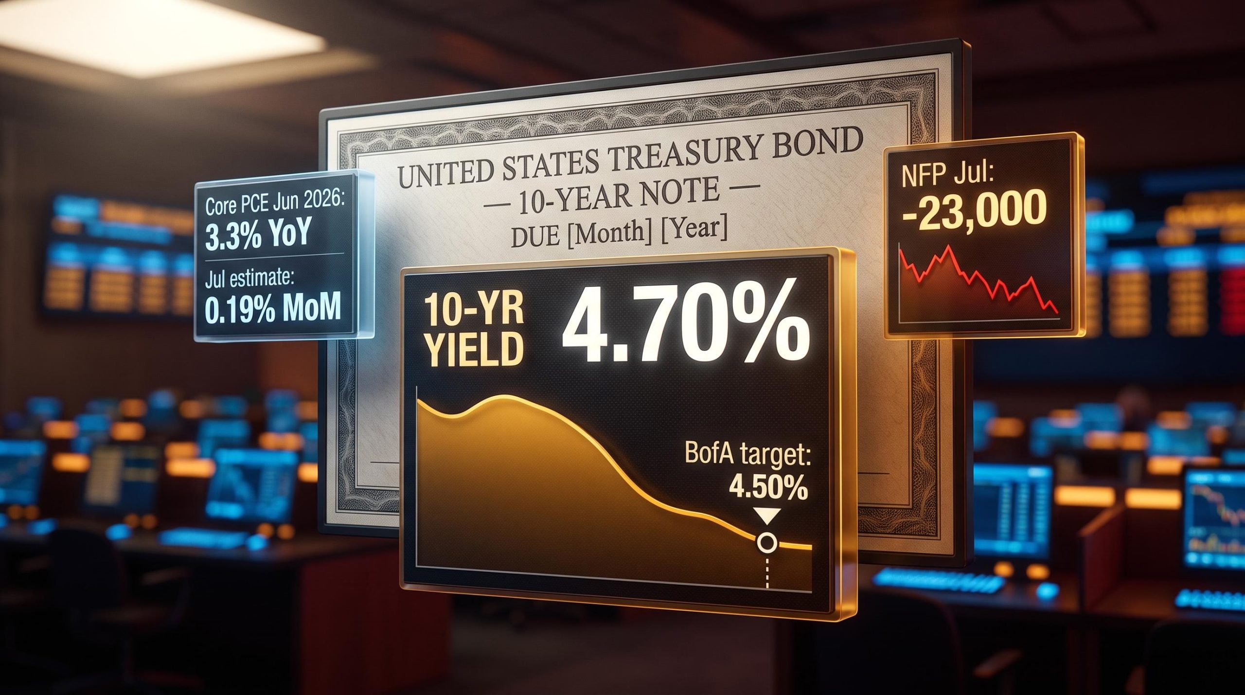10-year Treasury yield display at 4.70% with BofA 4.50% target and July PCE inflation data panels