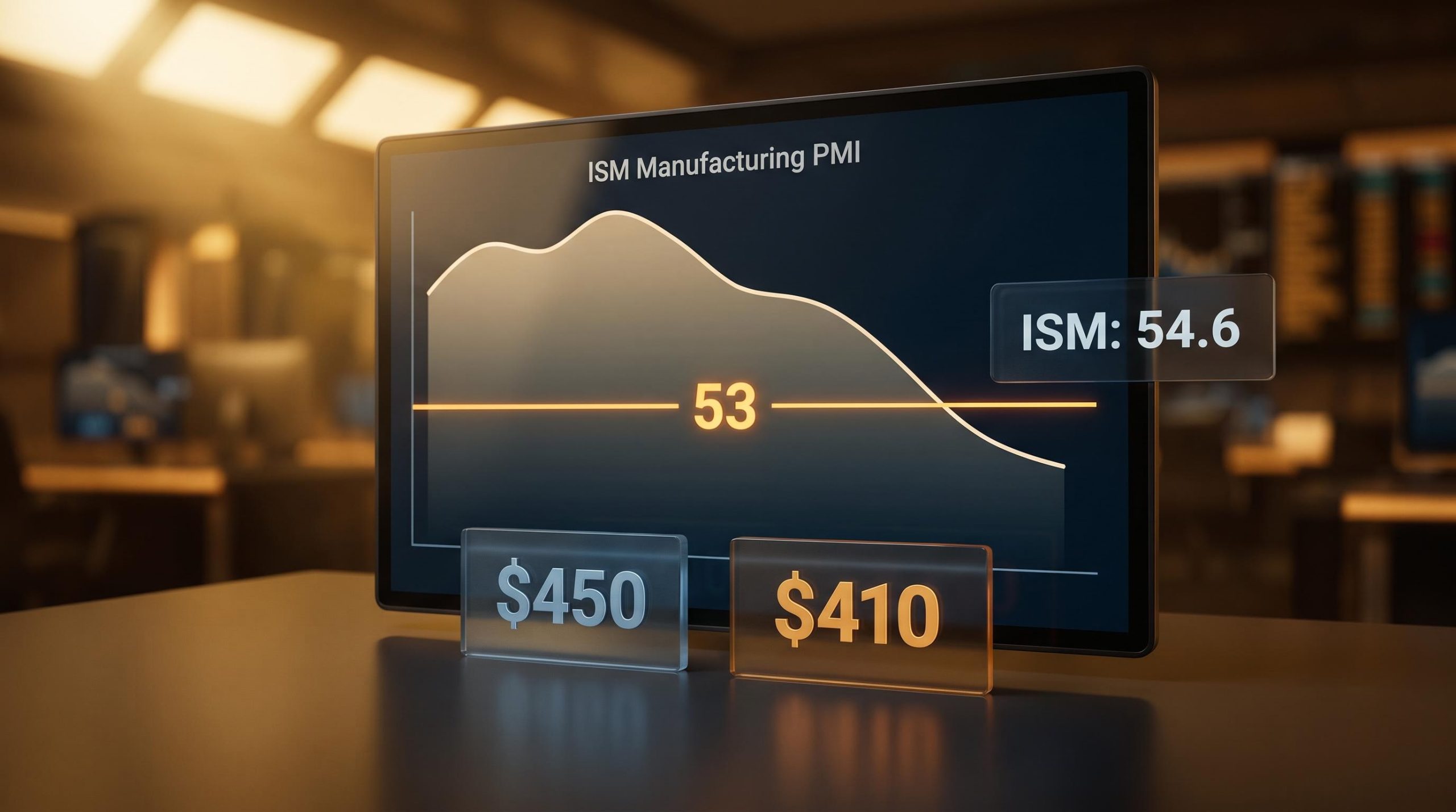 ISM Manufacturing PMI chart hovering at 54.6 above the critical 53 threshold, with 2027 S&P 500 EPS forecasts of $410 vs $450