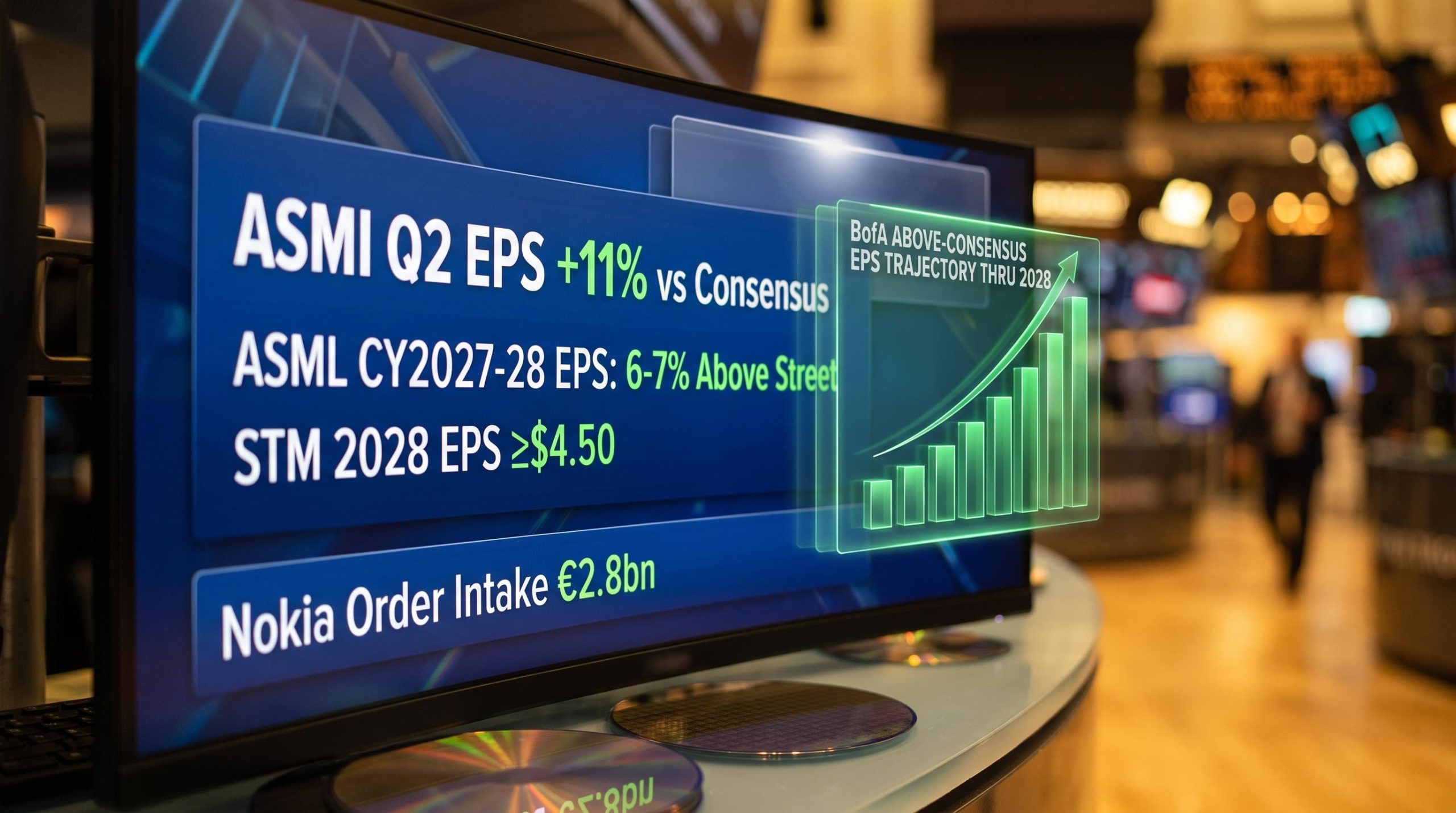 BofA European tech research screen showing ASMI Q2 EPS 11% above consensus and ASML 2028 earnings gap data