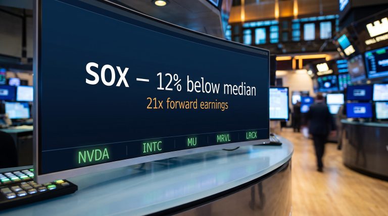 SOX trading terminal showing 12% below median valuation as Bank of America semiconductor picks flash on screen