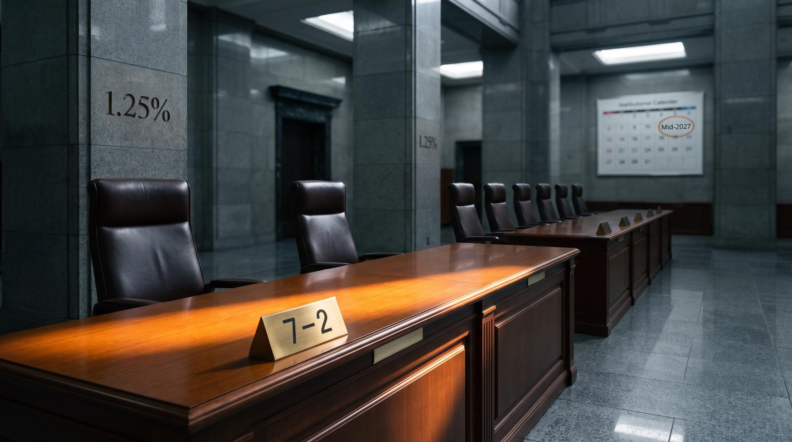 BoJ boardroom with two empty chairs and "7-2" placard signals 2027 policy risk as hawkish members depart