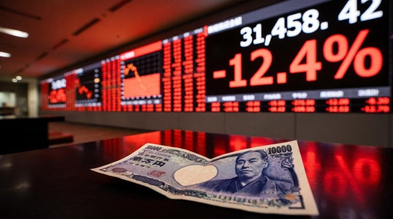 Nikkei 225 board showing -12.4% in crimson as BoJ carry trade shock 2024 triggers worst session since 1987
