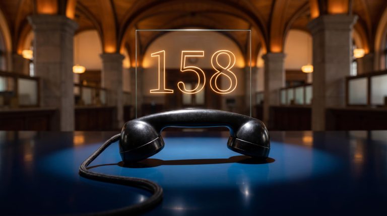 Telephone handset with "158" yen level glowing above it — visualising a BoJ rate check signal