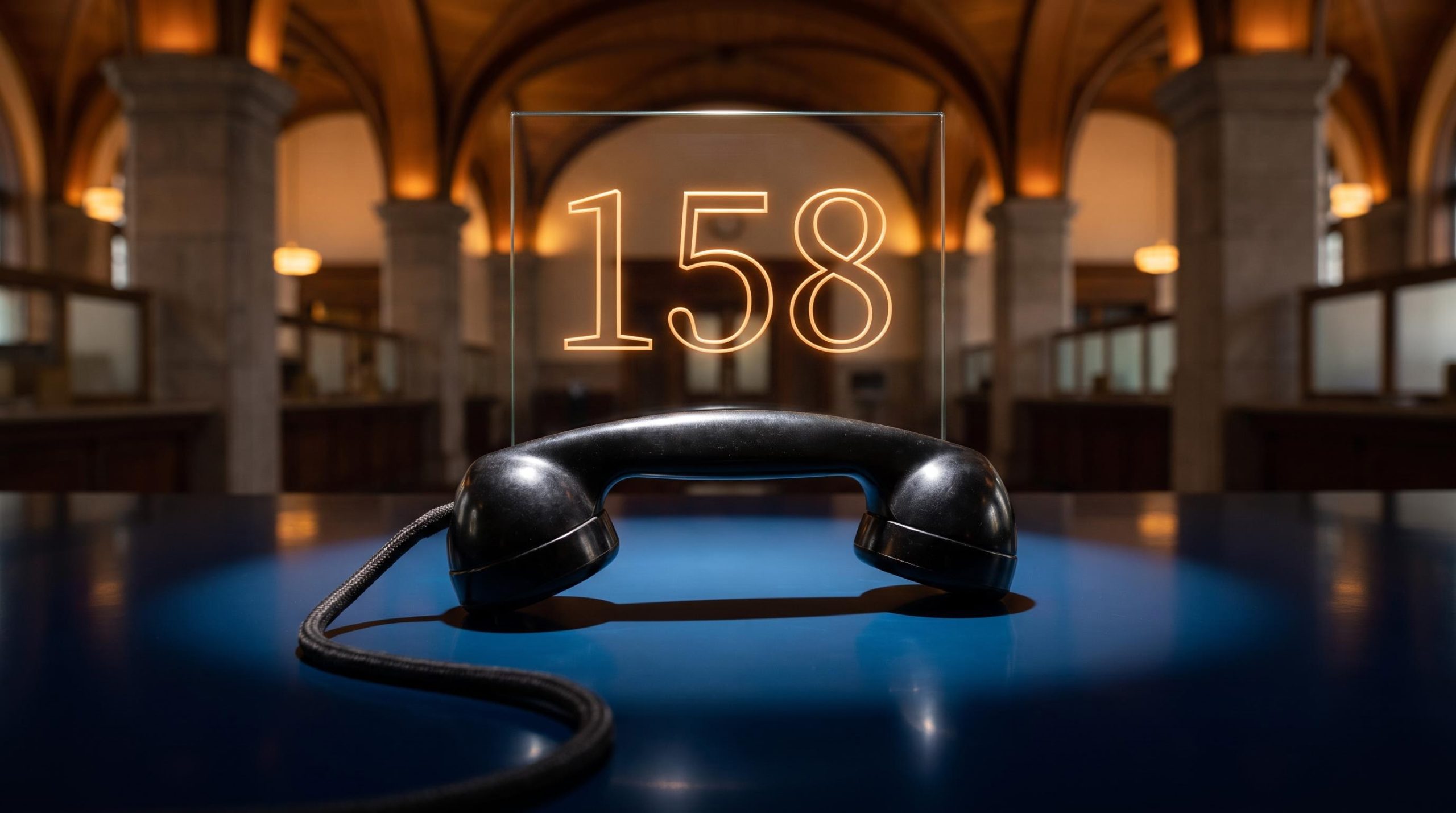 Telephone handset with "158" yen level glowing above it — visualising a BoJ rate check signal