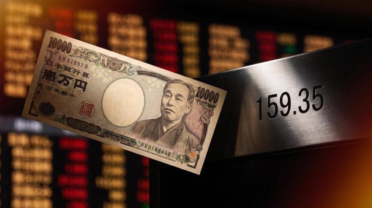 Japanese yen note in sharp focus against amber trading screens, with USD/JPY rate 159.35 — BoJ rate decision analysis