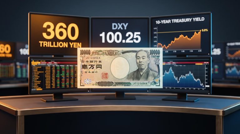 ¥10,000 note in focus against trading screens showing 360 trillion yen carry exposure and DXY 100.25 cross-asset signals