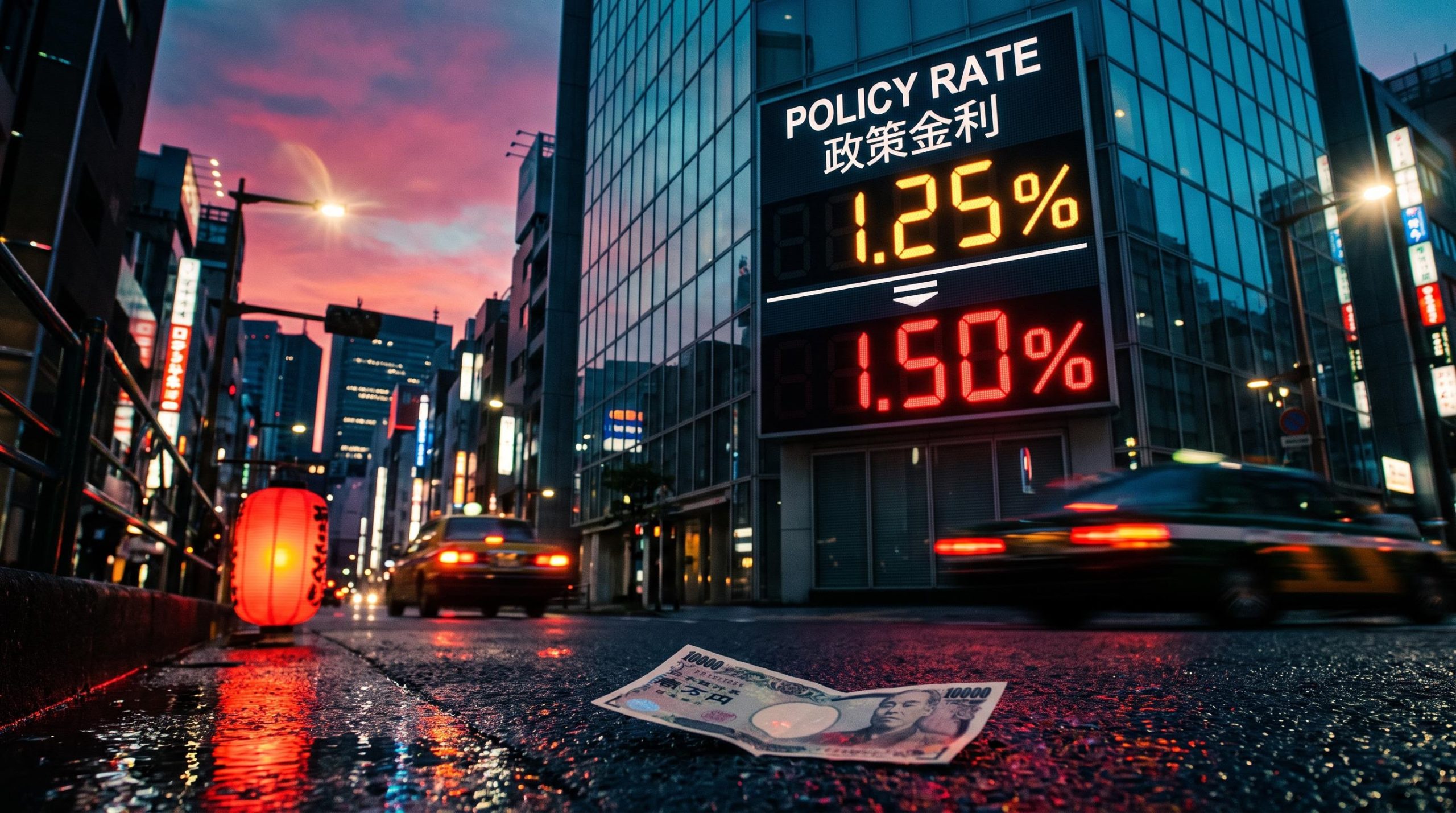 Tokyo skyscraper rate board showing 1.25% as a BoJ rate hike to 1.50% looms after the October hawkish hold