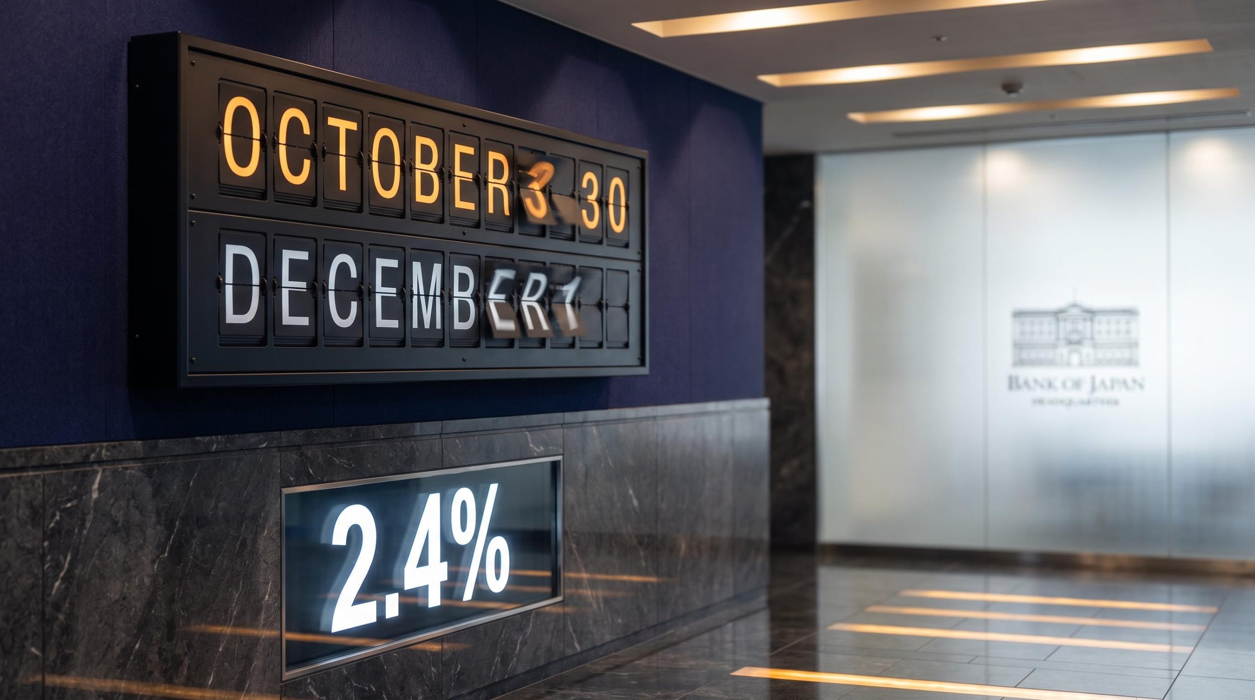 Split-flap board displaying October 30 vs December amid BoJ rate hike timeline uncertainty after 2.4% Tokyo CPI