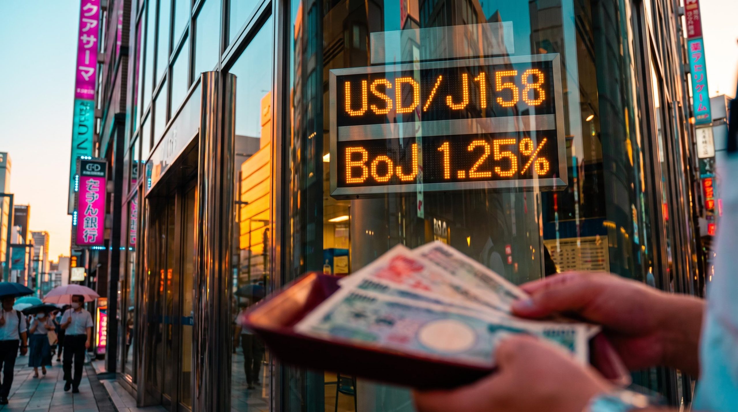 Tokyo exchange board showing USD/JPY 158 and BoJ 1.25% as the yen holds steady after a BoJ rate hike signal