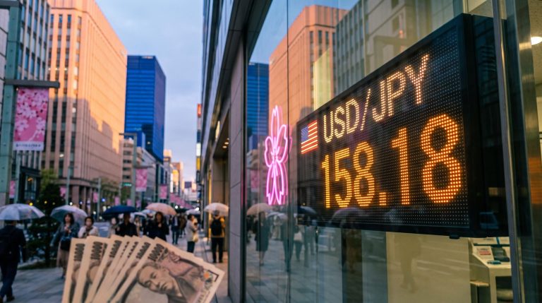 Tokyo exchange rate board showing USD/JPY 158.18 at golden hour after the BoJ Sakura Report left most regions unchanged