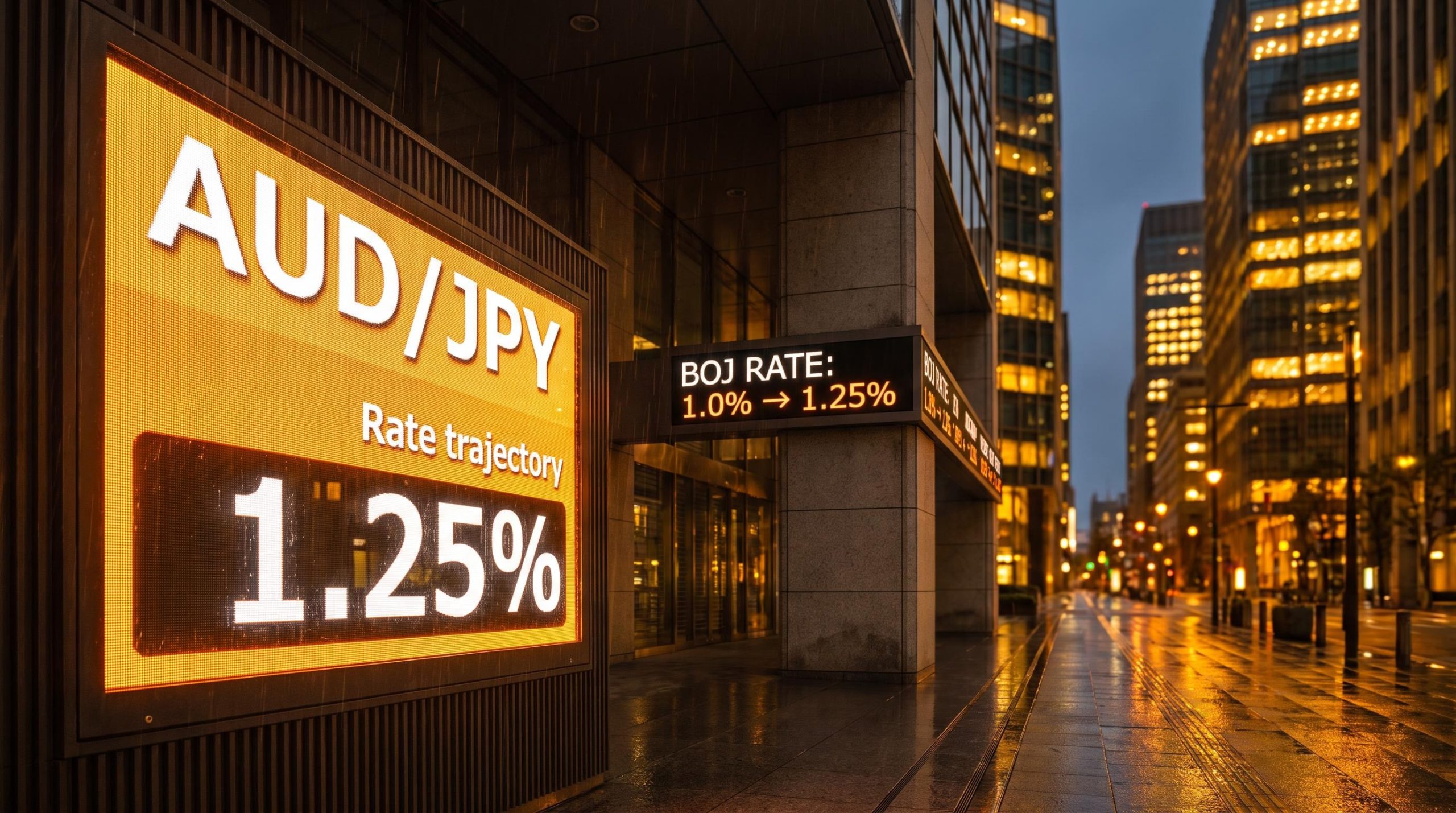 Tokyo financial district at dawn with AUD/JPY board showing 1.25% as BoJ rate decision meets triple witching expiry