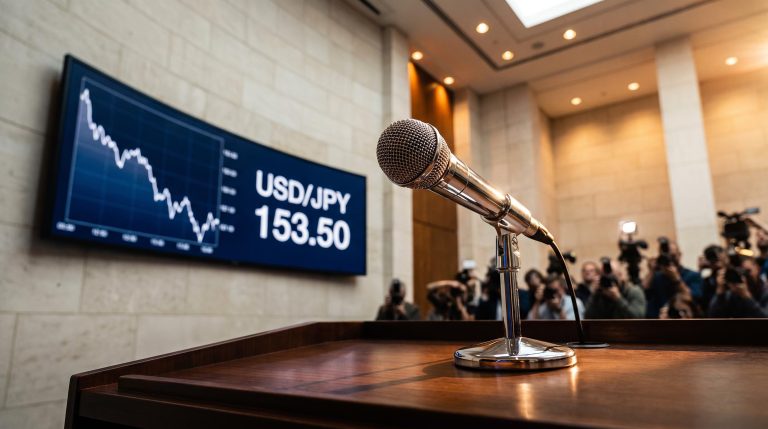 Bank of Japan press conference microphone with USD/JPY rate at 153.50 — yen forecast hinges on Ueda's tone