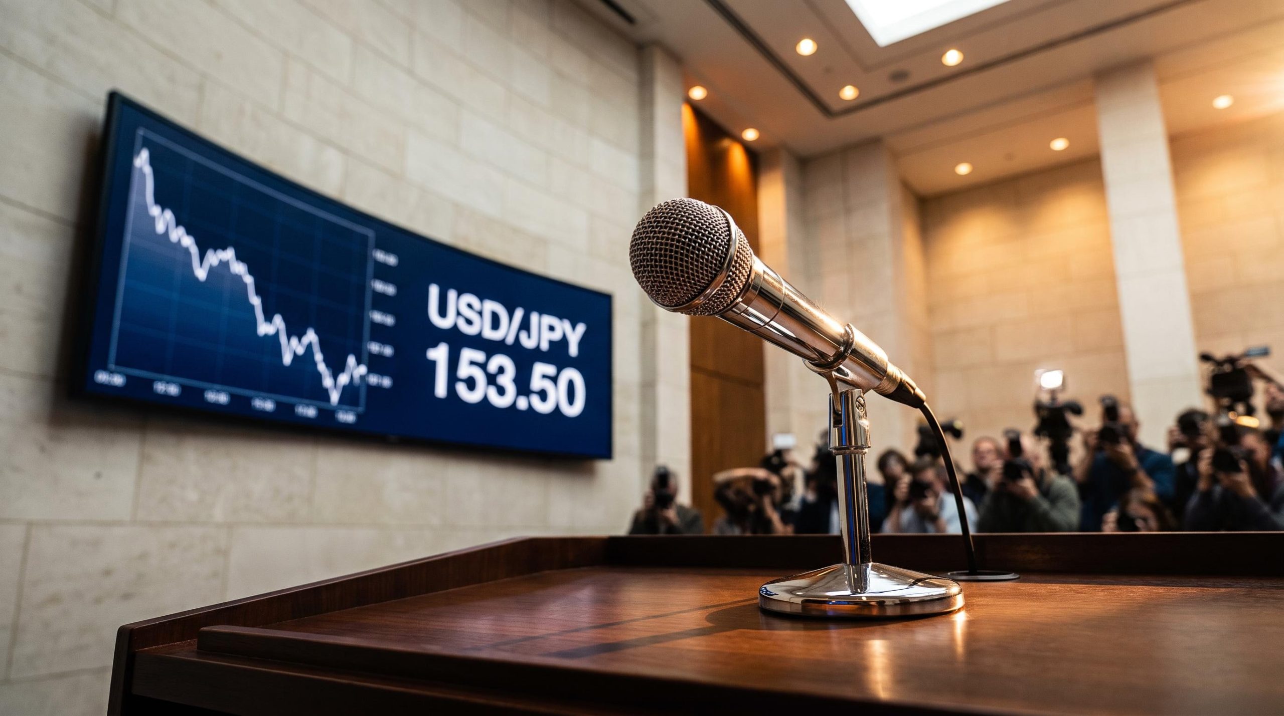 Bank of Japan press conference microphone with USD/JPY rate at 153.50 — yen forecast hinges on Ueda's tone