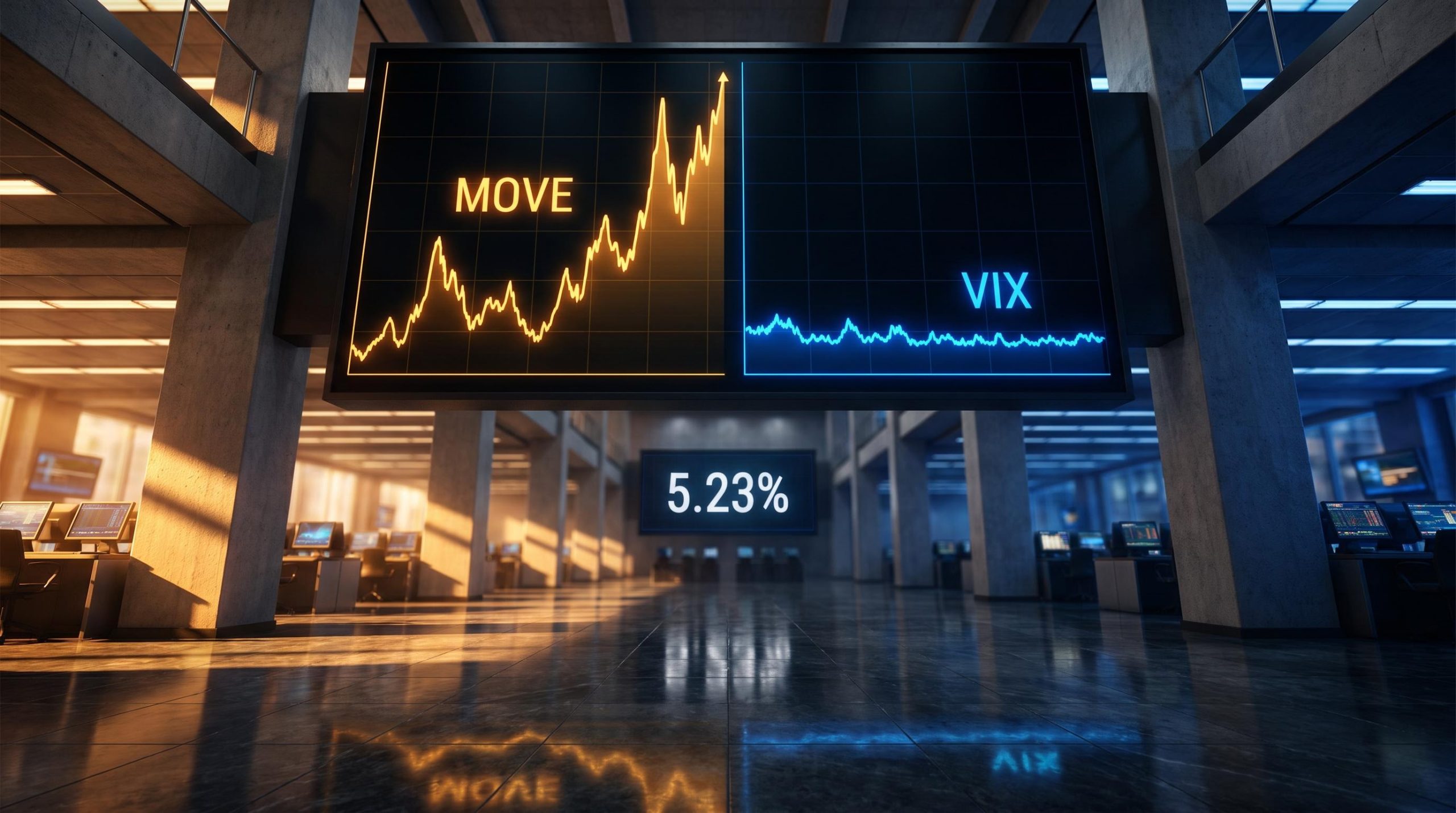 MOVE index surging vs flat VIX on trading floor screen with 10-year yield at 5.23% — bond equity disconnect