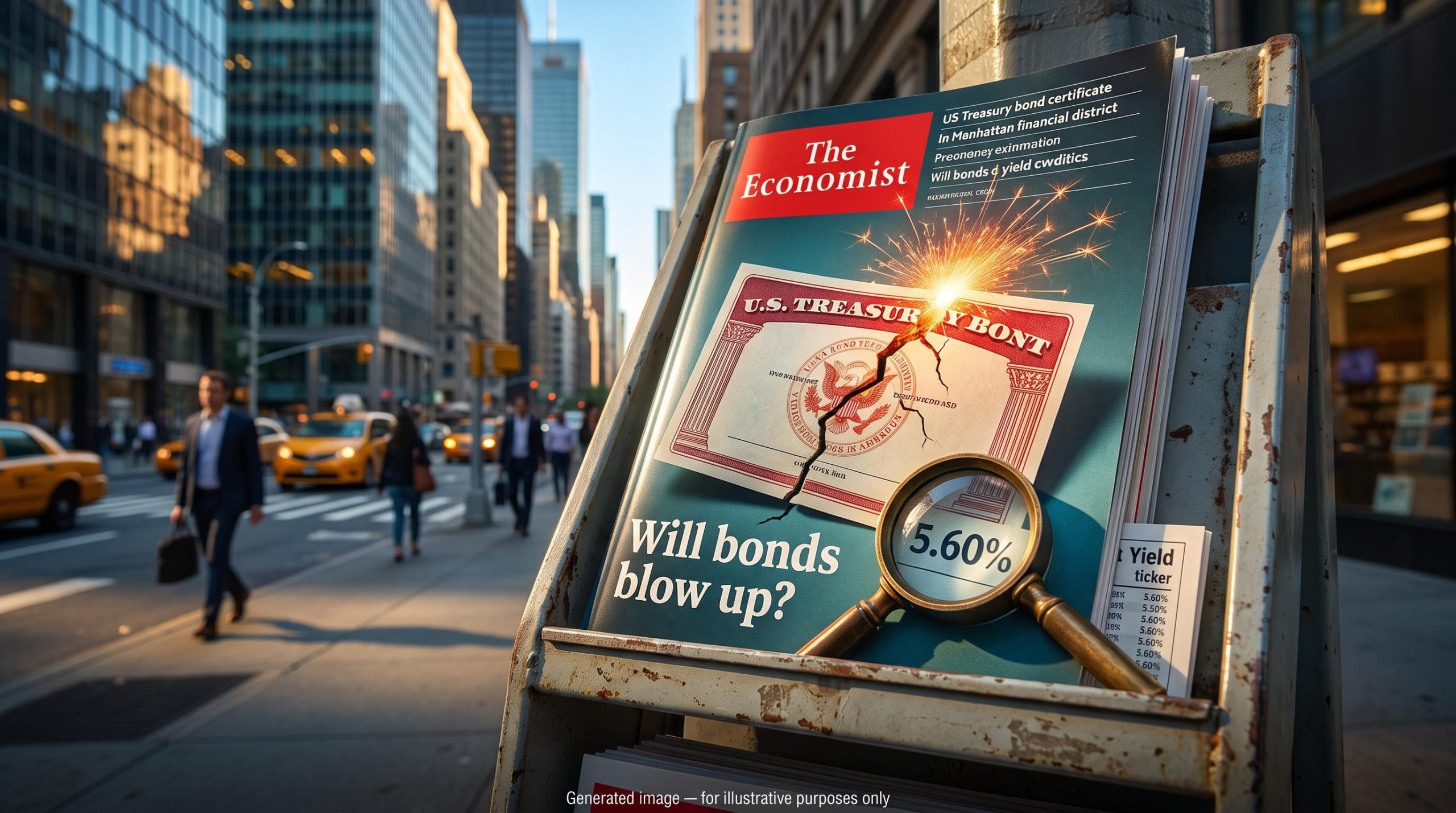 Magazine cover warning bonds may blow up beside a 5.60% yield card, framing a bond market contrarian rally question