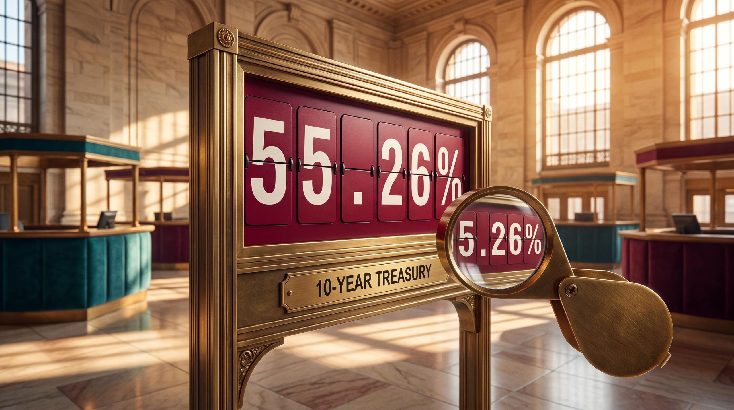 Treasury yield board showing 5.26% under a magnifying loupe, illustrating bond market pressure on stocks