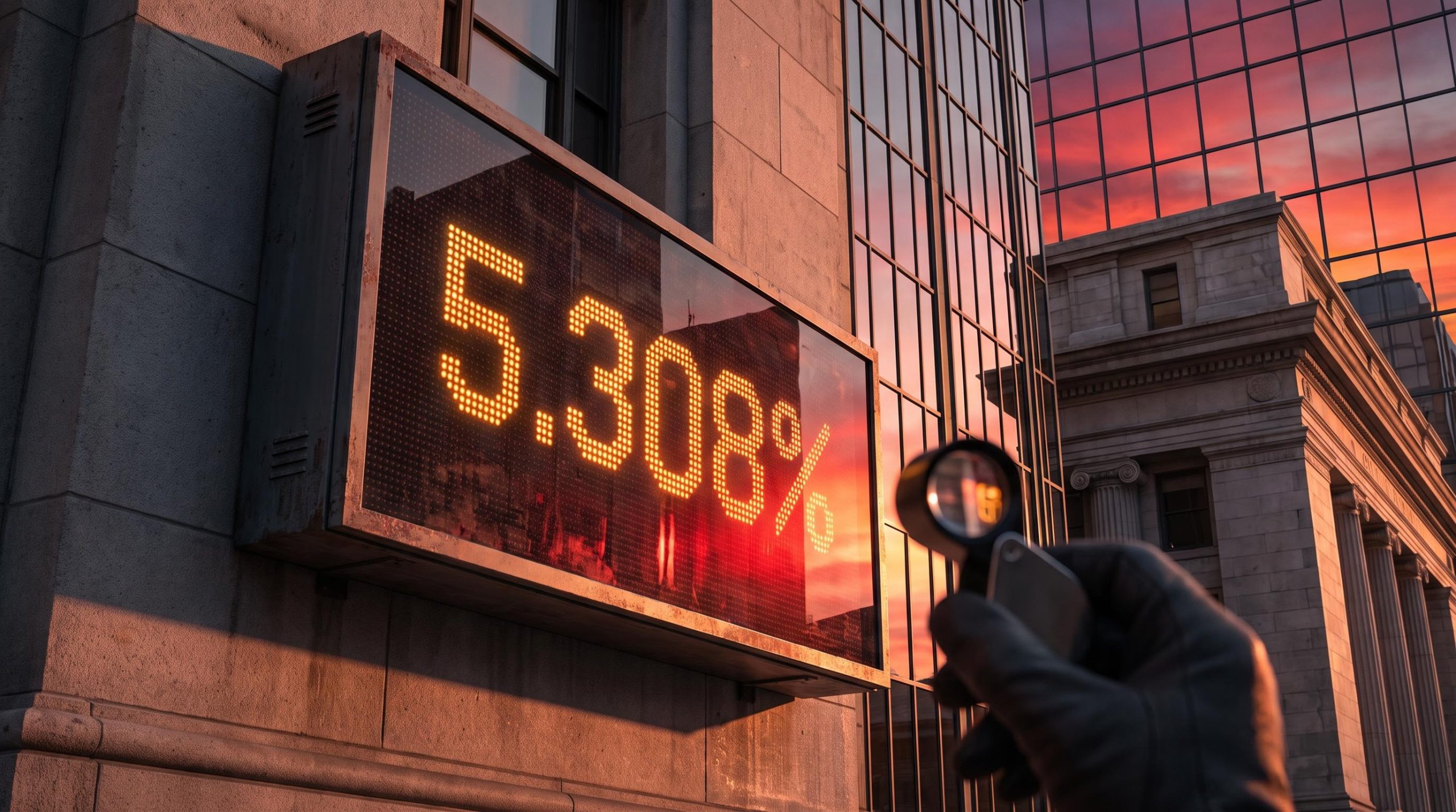 Treasury auction board showing 5.308% under a magnifying loupe, highlighting surging bond market yields