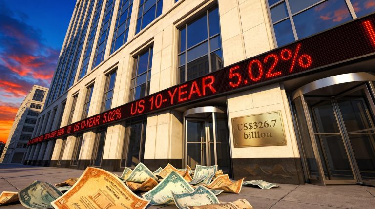 Bank headquarters with a red ticker showing the US 10-year at 5.02% as a bond selloff raises bank losses