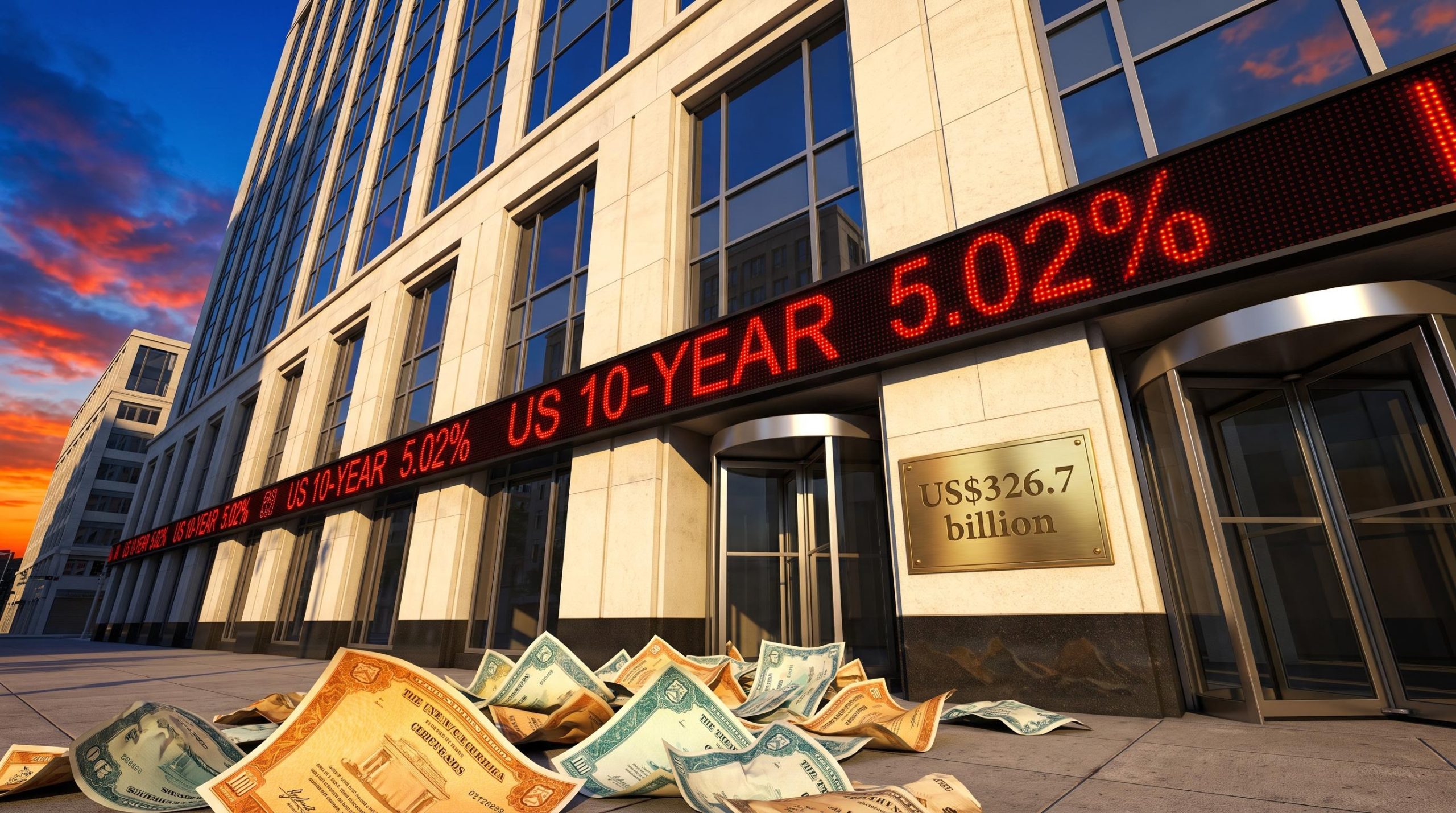 Bank headquarters with a red ticker showing the US 10-year at 5.02% as a bond selloff raises bank losses