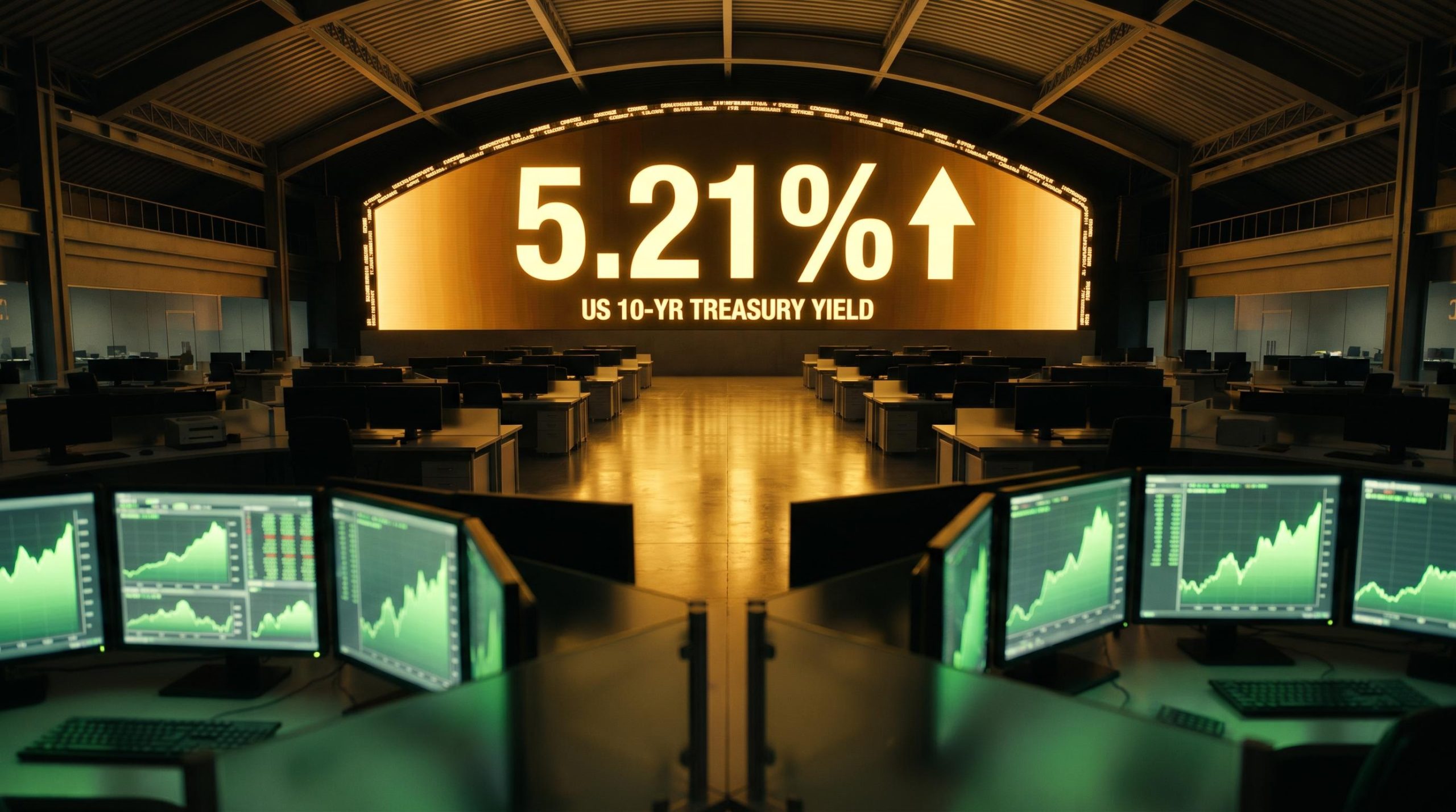 US 10-year Treasury yield at 5.21% dominates trading floor screens as equity markets signal complacency