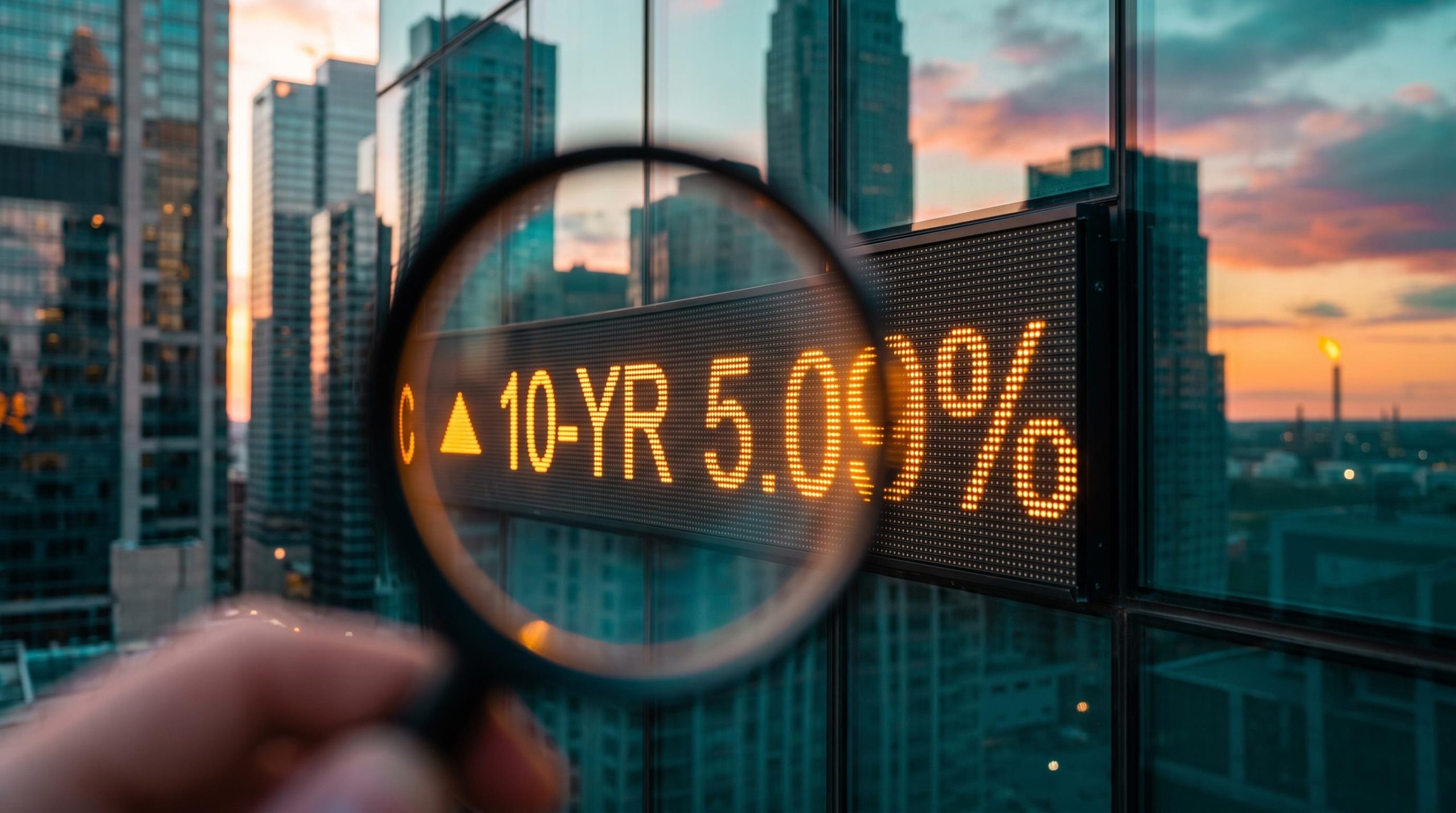 Amber 10-year Treasury yield ticker at 5.09% on a skyscraper at sunset, framing the bond yields stocks 2026 outlook