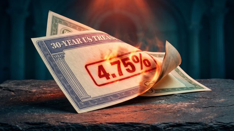 US Treasury bond certificate stamped with 4.75% yield as bonds vs stocks rising yields reversal deepens in 2026