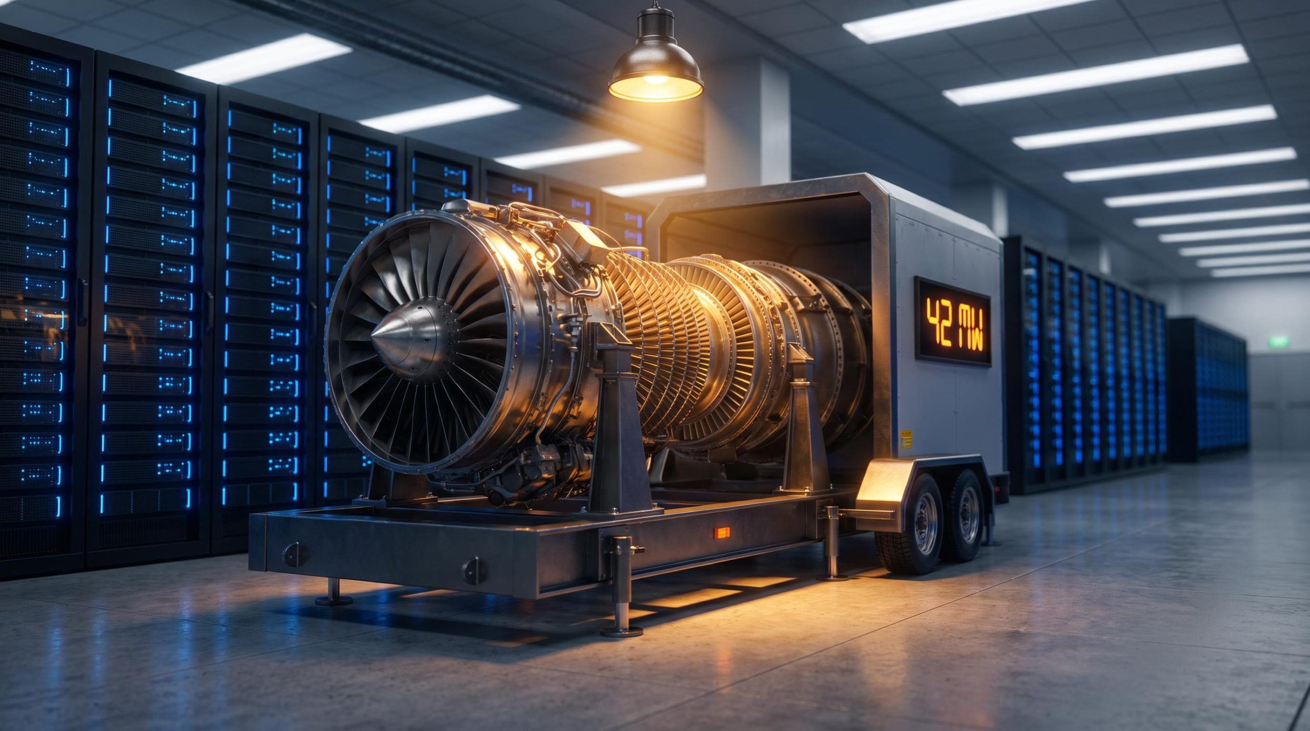 Boom Supersonic Superpower turbine core inside a data centre, with 42 MW output — engine powering AI infrastructure
