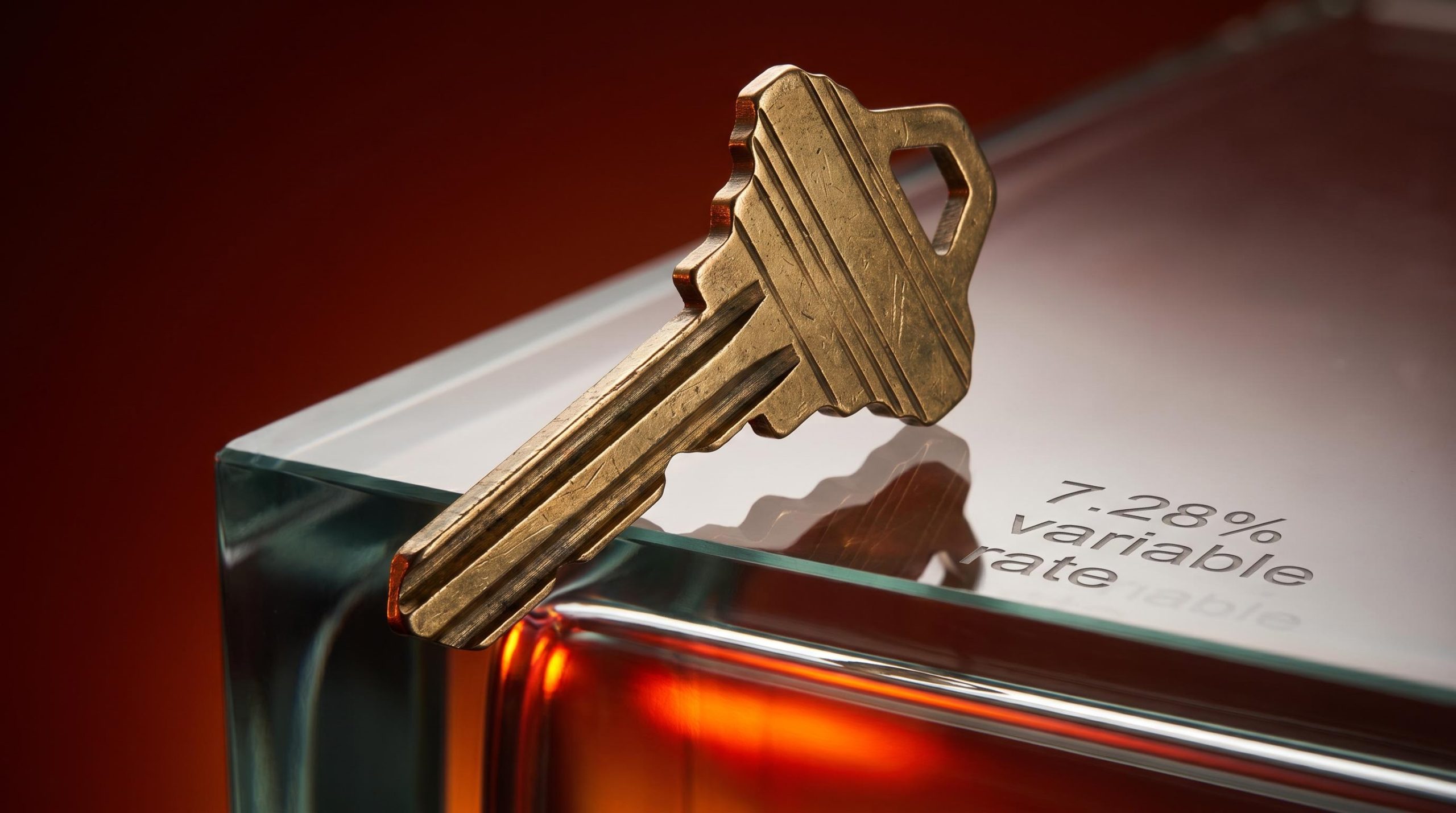 Brass house key balanced on a glass edge over a red void, with a 7.28% HELOC rate etched below — borrowing against home for crypto risk