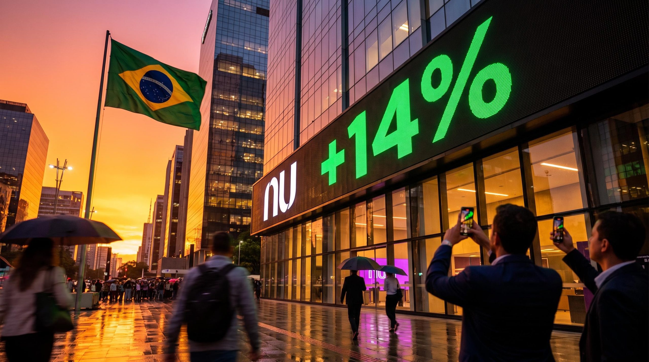 Brazil election Nu Holdings MercadoLibre rally: São Paulo ticker board showing NU +14% beside a Brazilian flag at sunset